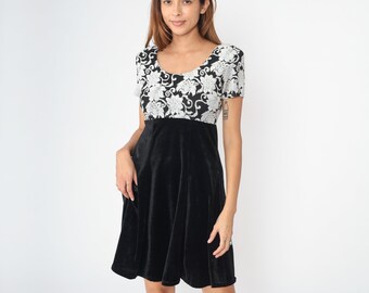 Floral Velvet Dress 90s Black White Mini Grunge Dress Babydoll Party Dress Short Sleeve High Waist Minidress Vintage Velour Small Medium