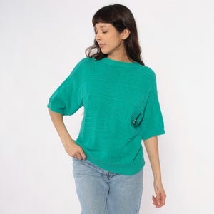 80s Turquoise Knit Sweater Top Short Sleeve Crew Neck Teal Green Nautical Pattern Vintage Top Preppy Casual Summer Spring Womens Large L