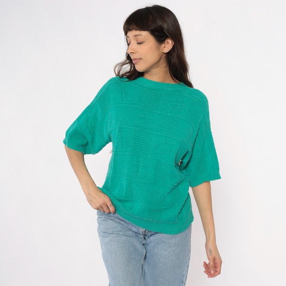 80s Turquoise Knit Sweater Top Short Sleeve Crew Neck Teal Green Nautical Pattern Vintage Top Preppy Casual Summer Spring Womens Large L