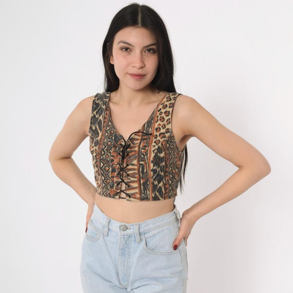 Vintage 90s Animal Print Crop Top Lace Up Front Geometric Leopard Print Sleeveless Festival Corset Tank Grunge 1990s Small S