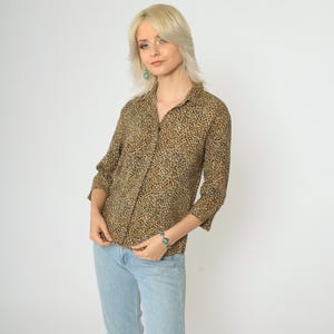 90s Leopard Print Blouse Animal Print Button Up Shirt 3/4 Sleeve Top Retro Cheetah Spot Top Vintage 1990s Small Medium