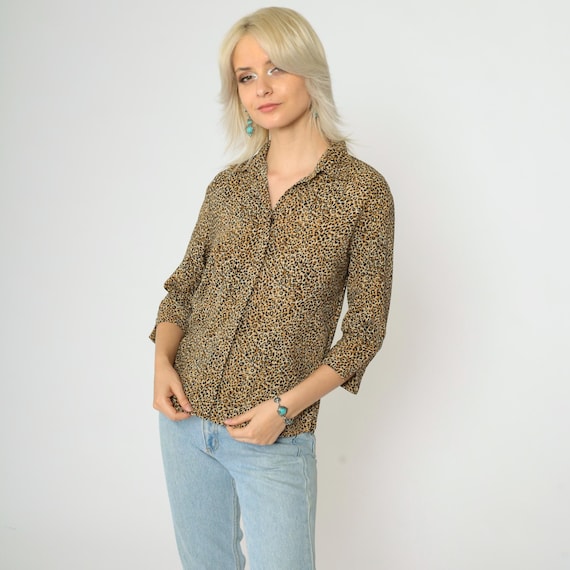 90s Leopard Print Blouse Animal Print Button Up Shirt 3/4 Sleeve Top Retro Cheetah Spot Top Vintage 1990s Small Medium