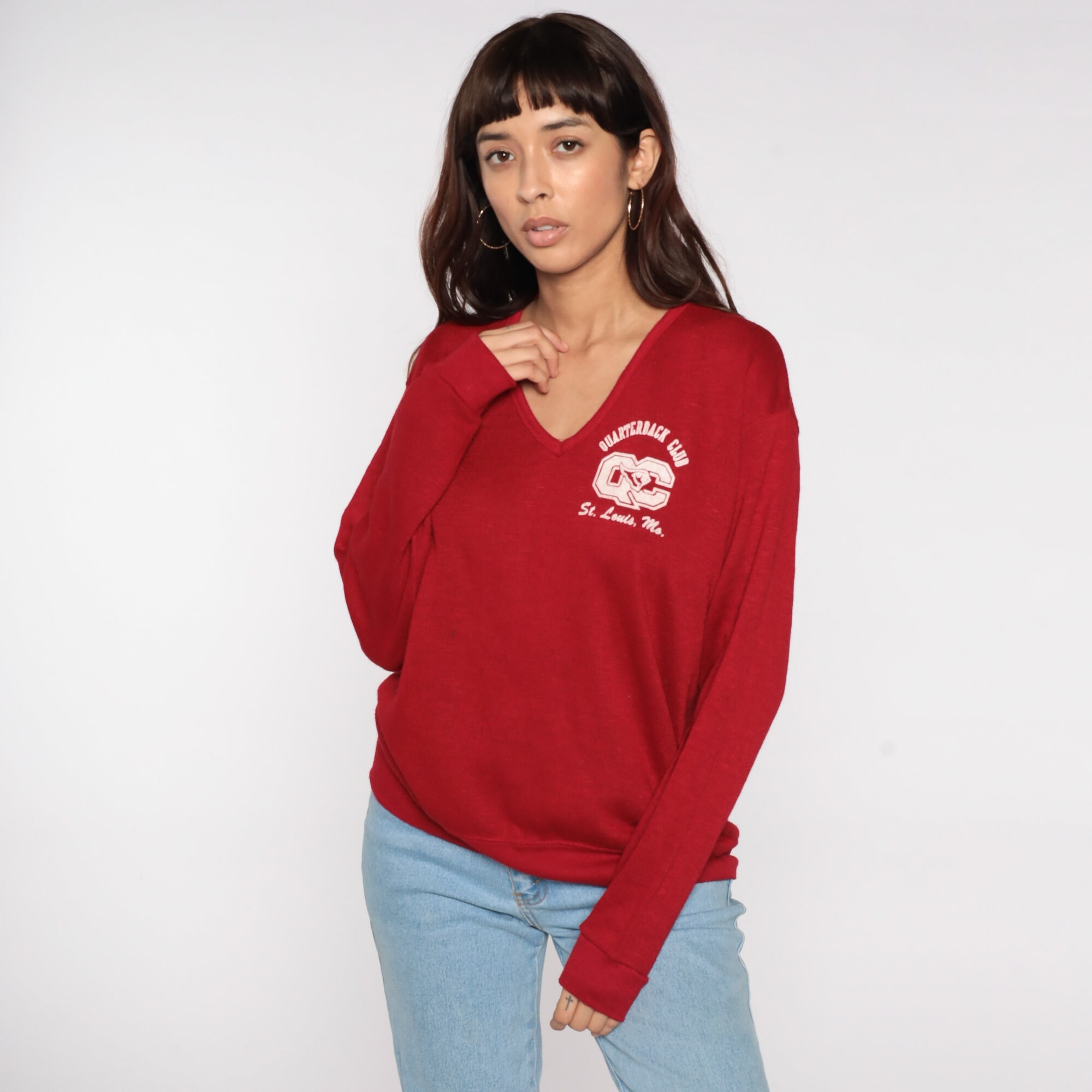 St Louis Cardinals Sweater 70s Knit V Neck Quarterback Club Football College Pullover Missouri 