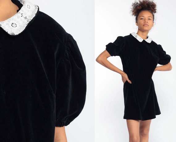 Velvet Mini Dress Lace PETER PAN Collar 80s Grunge