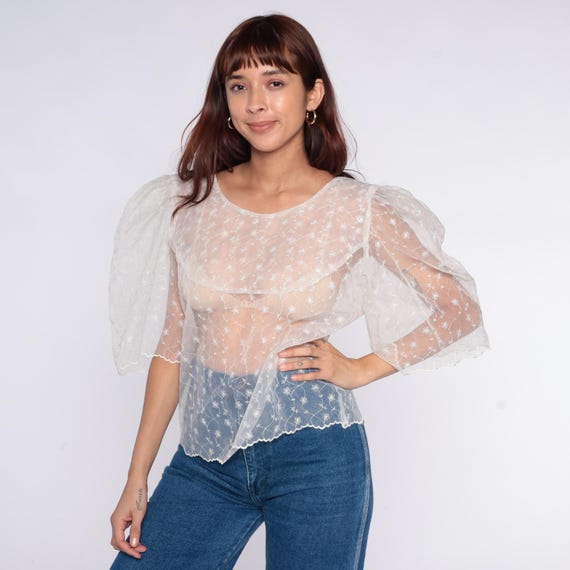 80s Sheer Blouse Puff Sleeve White Floral Embroidered Cropped See Through Mesh Lace Fairycore Cottagecore Coquette Top Medium M