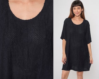 Black Mini Dress 90s Semi-Sheer Openwork Shift Dress Knit Mesh LBD Plain Short Sleeve Little Black Dress Vintage 1990s 18W Plus Size xxl