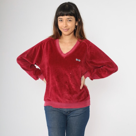 Vintage Raspberry Red Velour Sweatshirt 80s Fox V Neck Soft Long Sleeve Sweater Normcore Retro Top Basic Sporty 1980s Pullover Large L