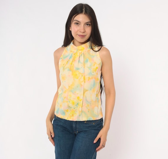70s Watercolor Floral Sleeveless Blouse Yellow Pink Blue Cotton High Neck Pleated Bib Mock Collar Button Back Top Pastel Vintage Extra Small