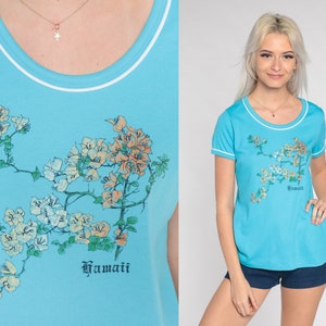 Hawaii T-Shirt 80s Blue Tropical Floral Shirt Retro Bougainvillea Flower Graphic Tee Hawaiian TShirt Single Stitch Vintage 1980s Medium M image 1