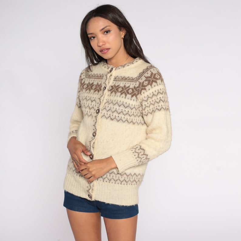 Fair Isle Cardigan 80s Cream Wool Button Up Sweater Retro Norwegian Sweater Knit Nordic Cozy Natural Brown Fall Vintage 1980s Extra Small xs image 4