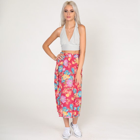 Floral Midi Skirt 80s Red Summer Skirt Boho Cotton Polyester Print HIGH WAISTED 1980s Long Vintage Hippie Festival Extra Small xs 0 24