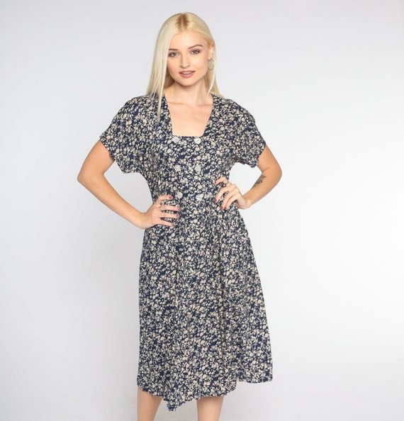 Vintage All That Jazz Dress 90s Navy Blue Floral Midi Dress Double Breasted Button up Secretary High Waist Short Sleeve 1990s Small Medium