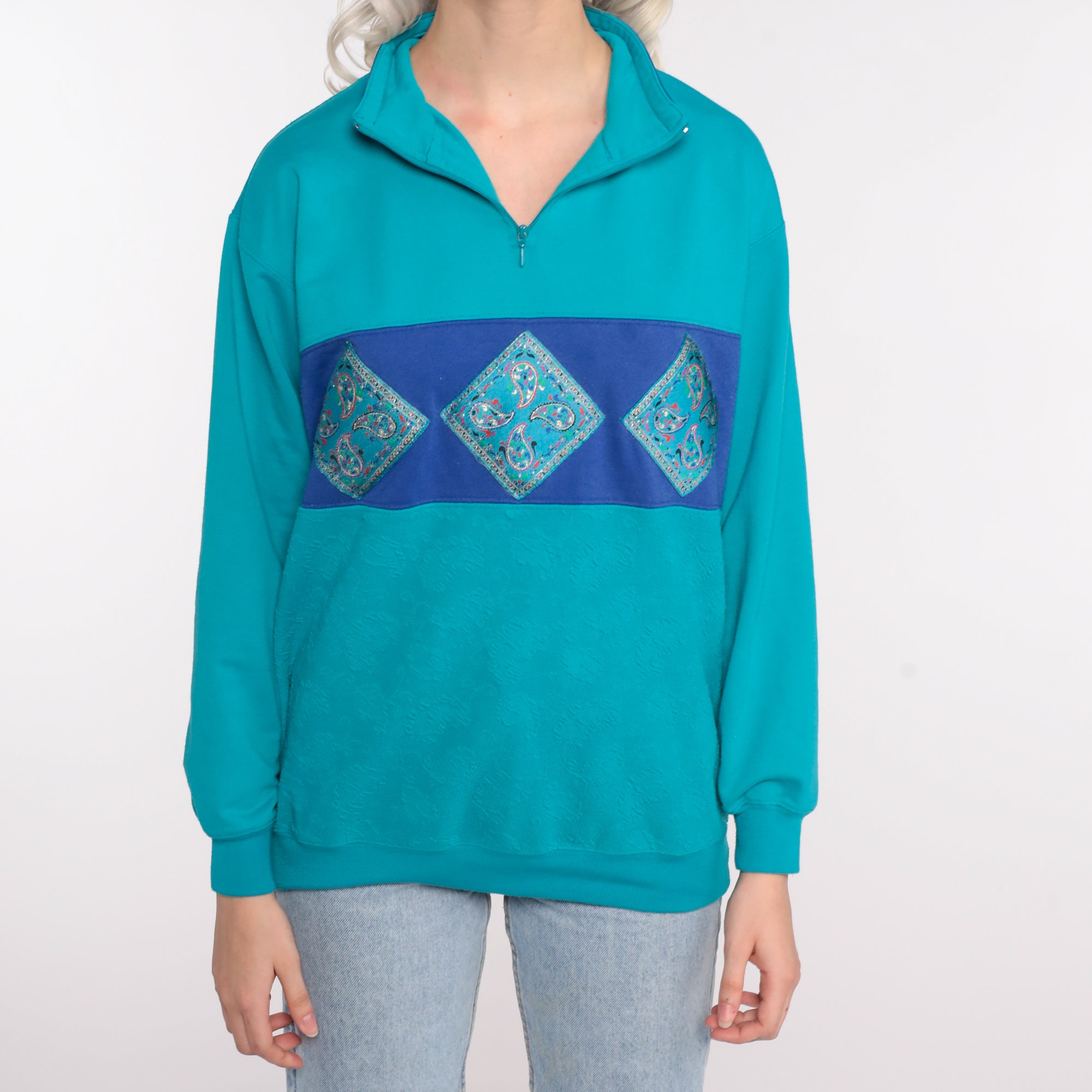 90s PAISLEY Sweatshirt Turquoise Quarter Zip Sweatshirt Blue ...