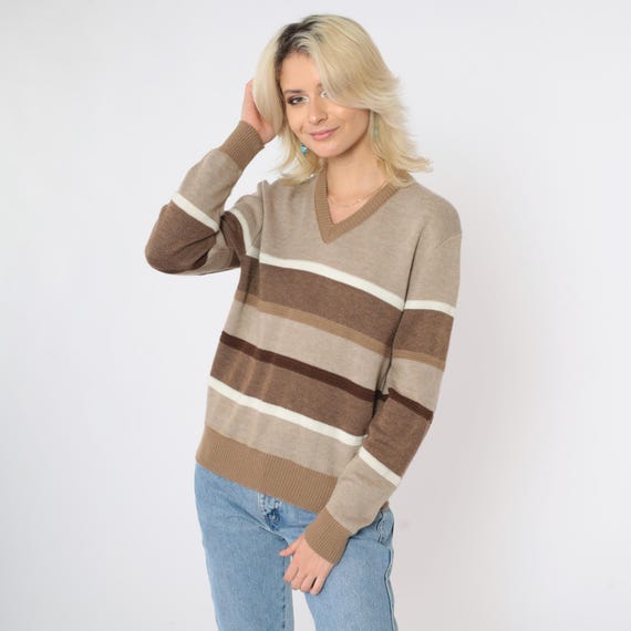 Vintage Tan Striped Sweater 80s Ringer V Neck Knit Pullover Sweater 1980s Preppy Slouchy Jumper Knitwear Boho Retro Small S