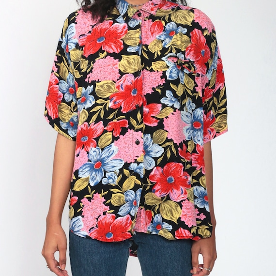 90s Button Up Shirt Floral 80s Blouse Short Sleeve Top Grunge Black Red Pink Print Boho Rayon Vintage Bohemian Medium Large