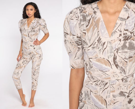 80s Tropical Jumpsuit Cotton Leaf Print Wrap Romp… - image 1