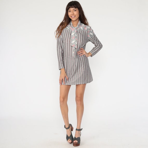 1970s Ascot Dress Grey Mod Dress Shift 60s Mini BOW Neck Vintage Striped Dress 70s Secretary Minidress Small S