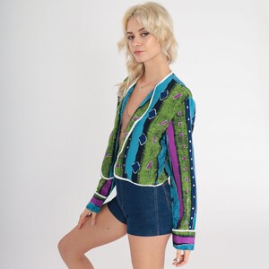 Statement Jacket années 90 Open Front Cropped Blazer Rayé Géométrique Imprimé Bleu Vert Violet Boho Hippie Cardigan Boho vintage années 1990 Moyen image 4