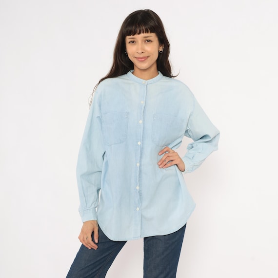 90s Mandarin Collar Chambray Shirt Light Blue Cotton Denim Blouse Long Sleeve Dual Pocket Collarless Tunic Length Vintage Top Medium M