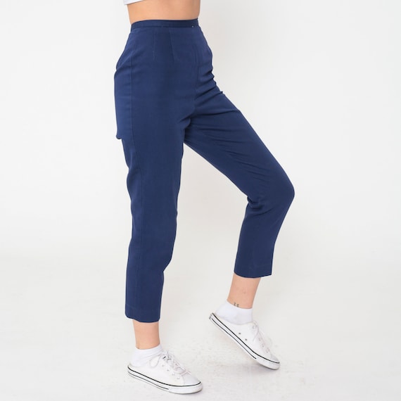 60s Ankle Pants Dark Blue Tapered Trousers Cropped Professor Pants High Waisted Rise Retro Sixties Vintage 1960s Carol Brent Extra Small xs