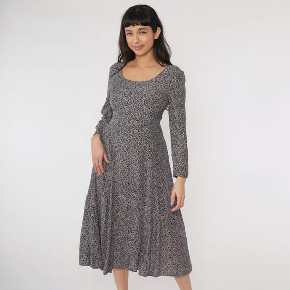 90s Floral Grunge Dress Navy Blue Boho Midi Draped Flowing Bohemian Long Sleeve A-Line Fit and Flare 1990s Rayon Scoop Neck Small 3/4