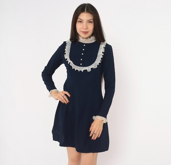 60s Navy Blue Ruffle Bib Dress Mock Neck White Sheer Trim Pearl Button Long Sleeve Babydoll Mod Cocktail Party Victorian Vintage Small S