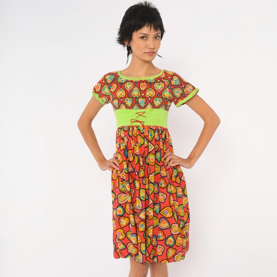 60s Heart Print Dress Red Green Empire Waist Puff Sleeve Cotton Scoop Neck  Folk Floral Lace Up Vintage Extra Extra Small XXS 2xs
