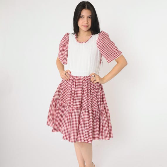Vintage Gingham Prairie Dress 60s 70s Cottagecore Red Mini Puff Sleeve Eyelet Lace Tiered Country Square Dance High Waist 1960s Small Medium