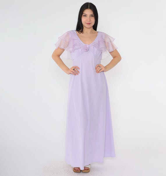 Vintage 70s Lavender Party Dress Lavender Organza Flutter Sleeve Grecian Maxi 1970s Boho Empire Waist Gown Open Back Formal A-line Small S