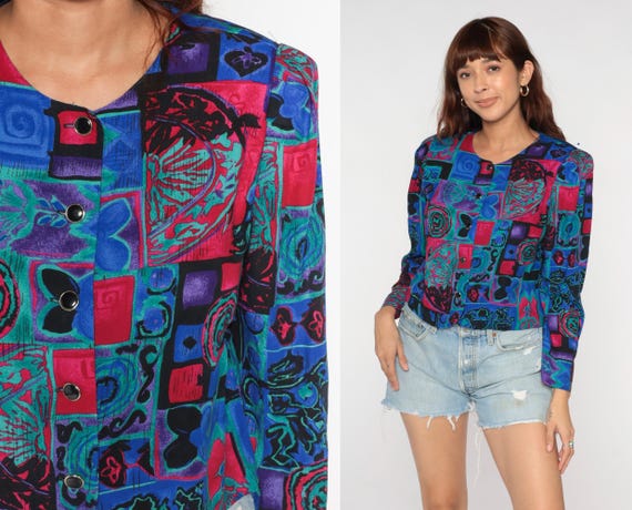 Patchwork Blouse 90s Abstract Print Button Front … - image 2