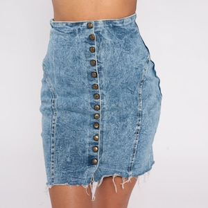 Acid Wash Jean Skirt 90s Denim Mini Skirt Snap Button up Pencil Skirt Raw Hem Summer Sexy Festival Vintage 1990s Pleeze Extra Small xs 24