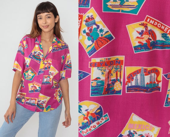 Travel Print Shirt 80s Button Up Blouse Pink Postcard Mexico Indonesia Haiti Canada Venezuela England Short Sleeve Top 1980s Vintage Small S