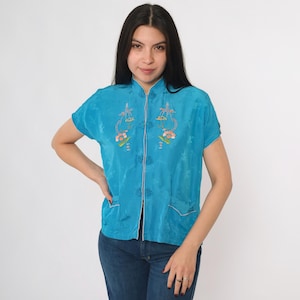 Vintage Chinese Shirt 90s Blue Embroidered Pagoda Floral Print Frog Button Short Sleeve Asian Top 1990s Rayon Shanghai China Large L