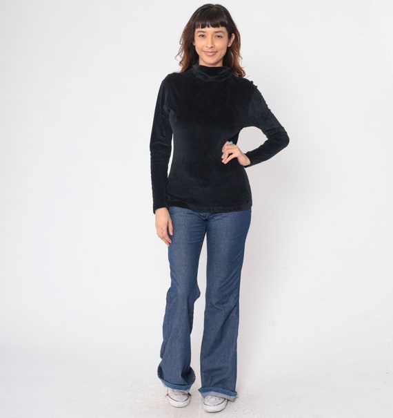 Black Velvet Shirt 90s Turtleneck Blouse Long Sle… - image 3