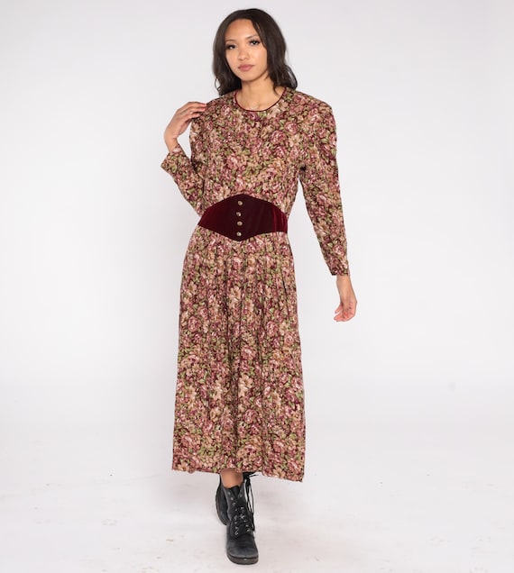 Floral Velvet Dress 90s Miss Dorby Burgundy Pink Rose Cottagecore Prairie Maxi Dress Grunge Autumn Fall Nerd Whimsigoth Alternative Large L