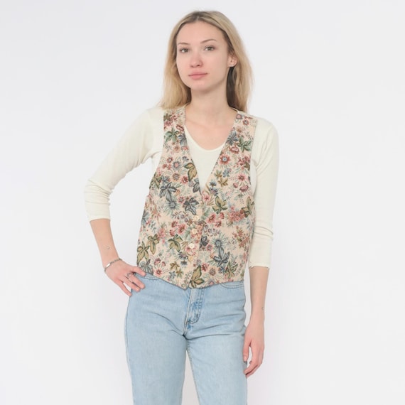 90s Floral Vest Button Front V Neck Sleeveless Tapestry Print Vintage Cottagecore Multi Color Cream Beige Green Pink Blue Brown Large L