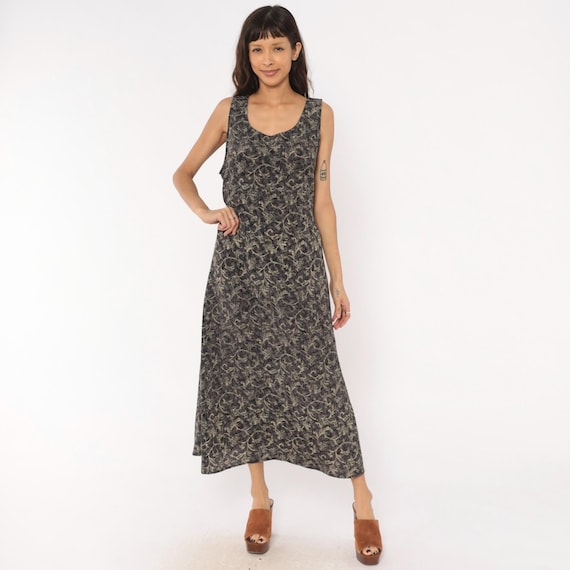 90s Baroque Scroll Maxi Dress Grey Cream Sleeveless Tank Floral Vine Print Tie Back Summer Column Worthington Charcoal Vintage Plus Size 1X