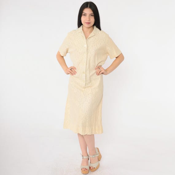 60s Mod Lace Dress Cream Shift Midi Cocktail Dress Vintage 1960s Button Up Party Dress Hippie Twiggy Short Sleeve Medium M
