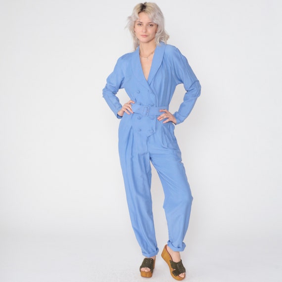 Blue Jumpsuit 80s Double Breasted Button up Pantsuit Tapered Leg Collared Belted Retro Romper Pants Chic Long Sleeve Vintage 1980s Medium M