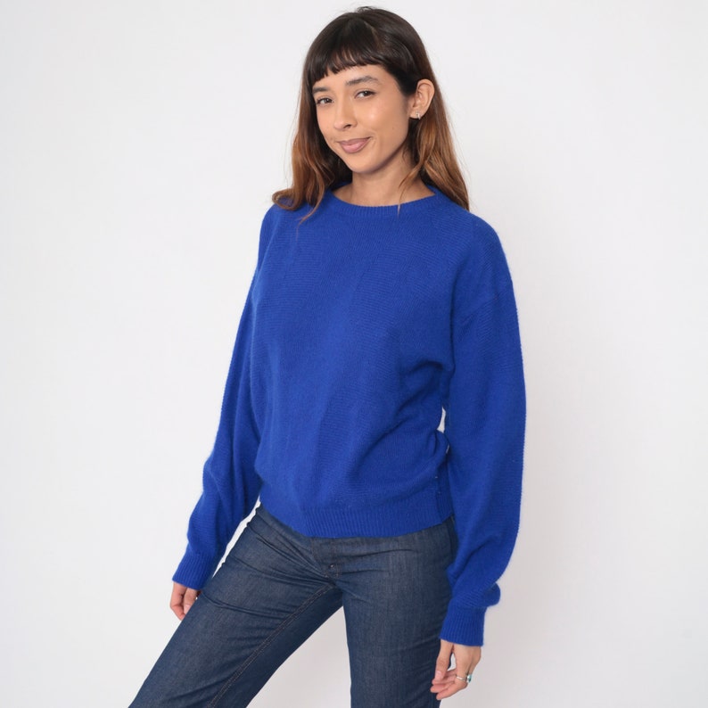 Royal Blue Angora Wool Sweater 90s Textured Swirl Knit Pullover Cozy Plain Vintage Knitwear Pierre Cardin Jumper 1990s Retro Basic Medium M image 4