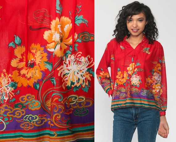 Red Floral Shirt Tunic Blouse 70s Boho Top Bohemian Long Sleeve Blouse Vintage Disco Hippie Romantic Medium Large xl
