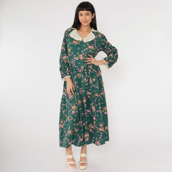 Vintage Floral Prairie Dress 70s Green Cotton Lace Collar Ruffle Cuffs Cottagecore Long Sleeve Boho Maxi 1970s Bohemian Large L