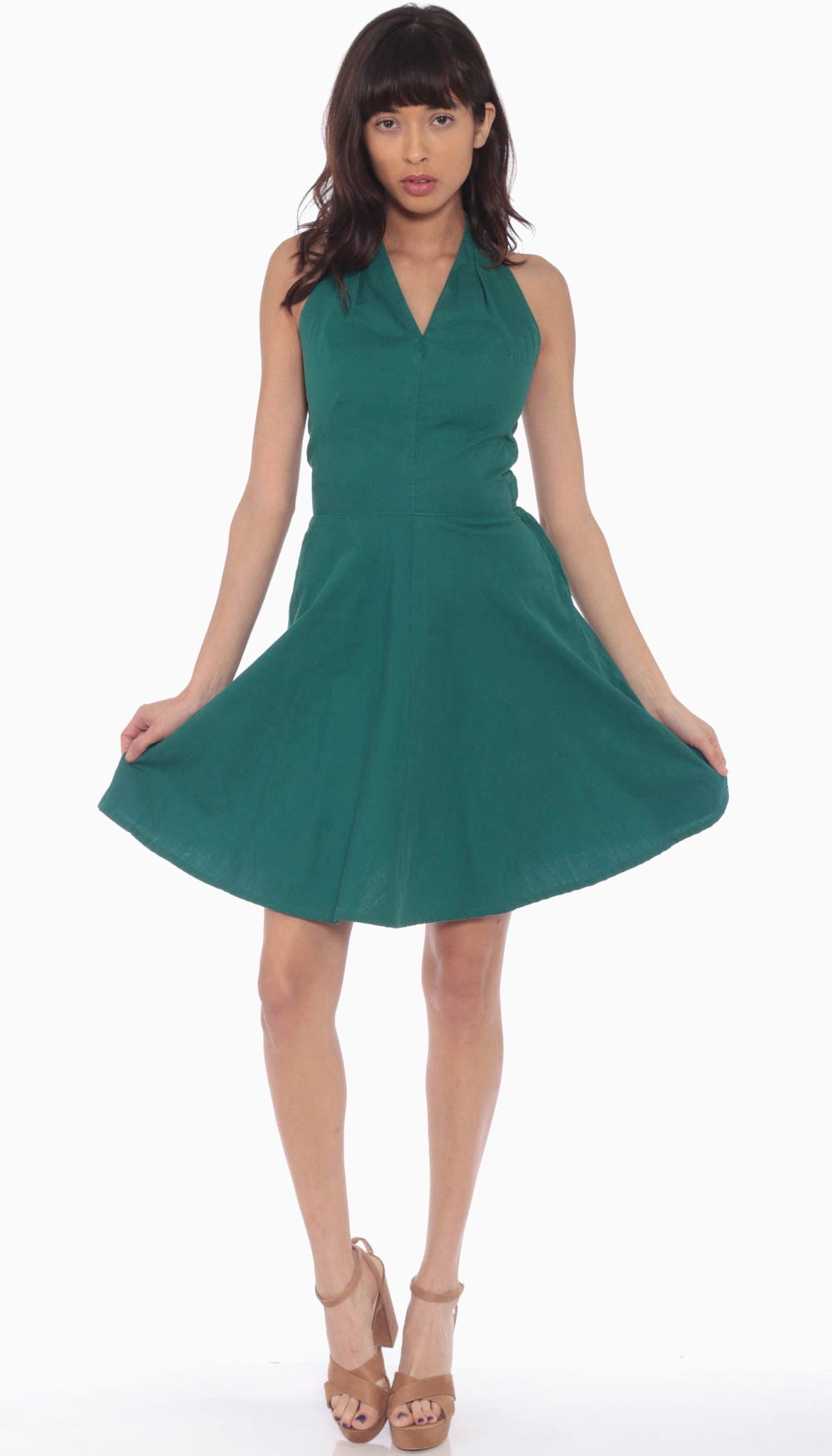 Halter Neck Dress 70s Mini Open Back High Waist Hippie Boho Fit and Flare Green Deep V Neck 