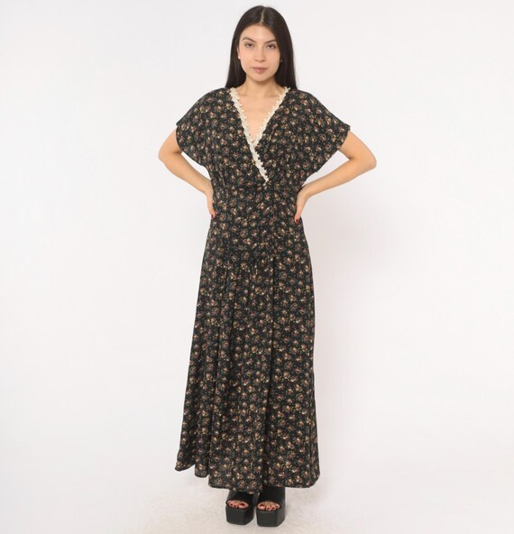 Dark Floral Maxi Dress 90s Lace Trim V Neck Wrap Bodice Flutter Sleeve Prairie Cottage Core Black Button Back Summer Women Large L
