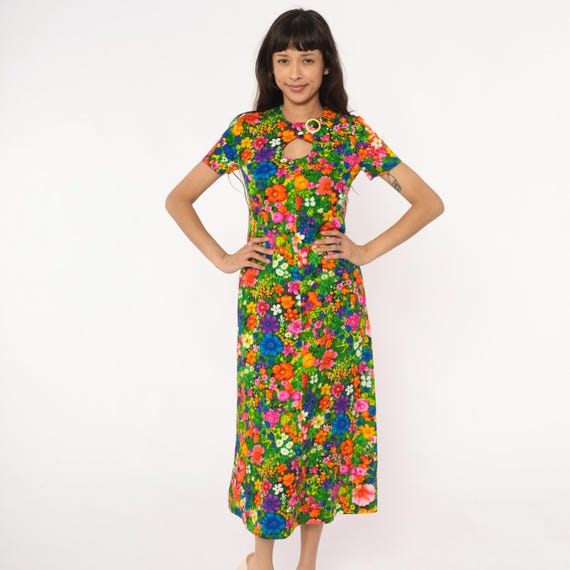 70s Floral Dress Keyhole Neckline Short Sleeve Cotton Psychedelic Bright Rainbow Flower Power Hippie Boho Summer Disco Vintage Small S