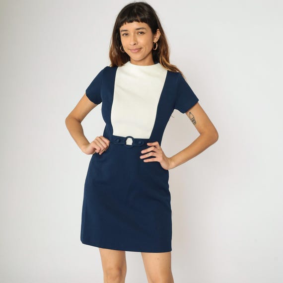 60s Mod Colorblock Dress Vintage Stewardess Mini High Waisted Gogo Navy Blue White Bib Mock Neck Short Sleeve 1960s Small 4
