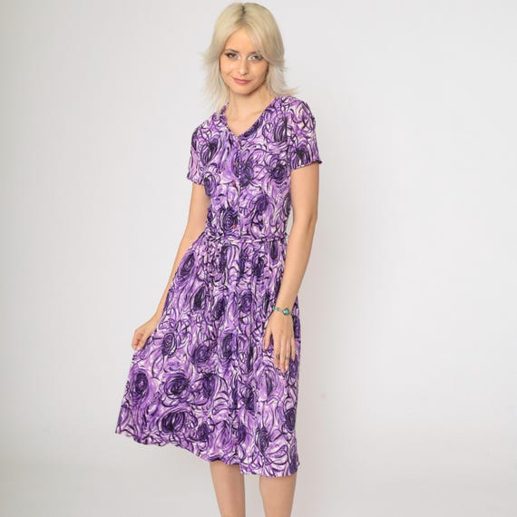 60s Day Dress Purple Abstract Swirl Print Midi Shirtdress Psychedelic 1960s Vintage Button Up Full Skirt High Waist Extra Small xs