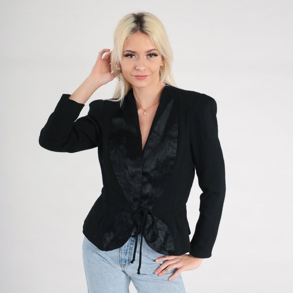Victor Costa Blazer 90s Black Wool Jacket Button Up Blazer Jacket Retro Professional Power Shoulders Tie Waist Vintage 1990s Extra Small xs