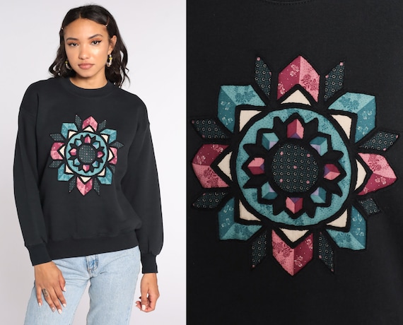 80s Mandala Sweatshirt GEOMETRIC PRINT Sweatshirt Black Slouchy Graphic Shirt Pullover 90s Statement Jumper Vintage Medium