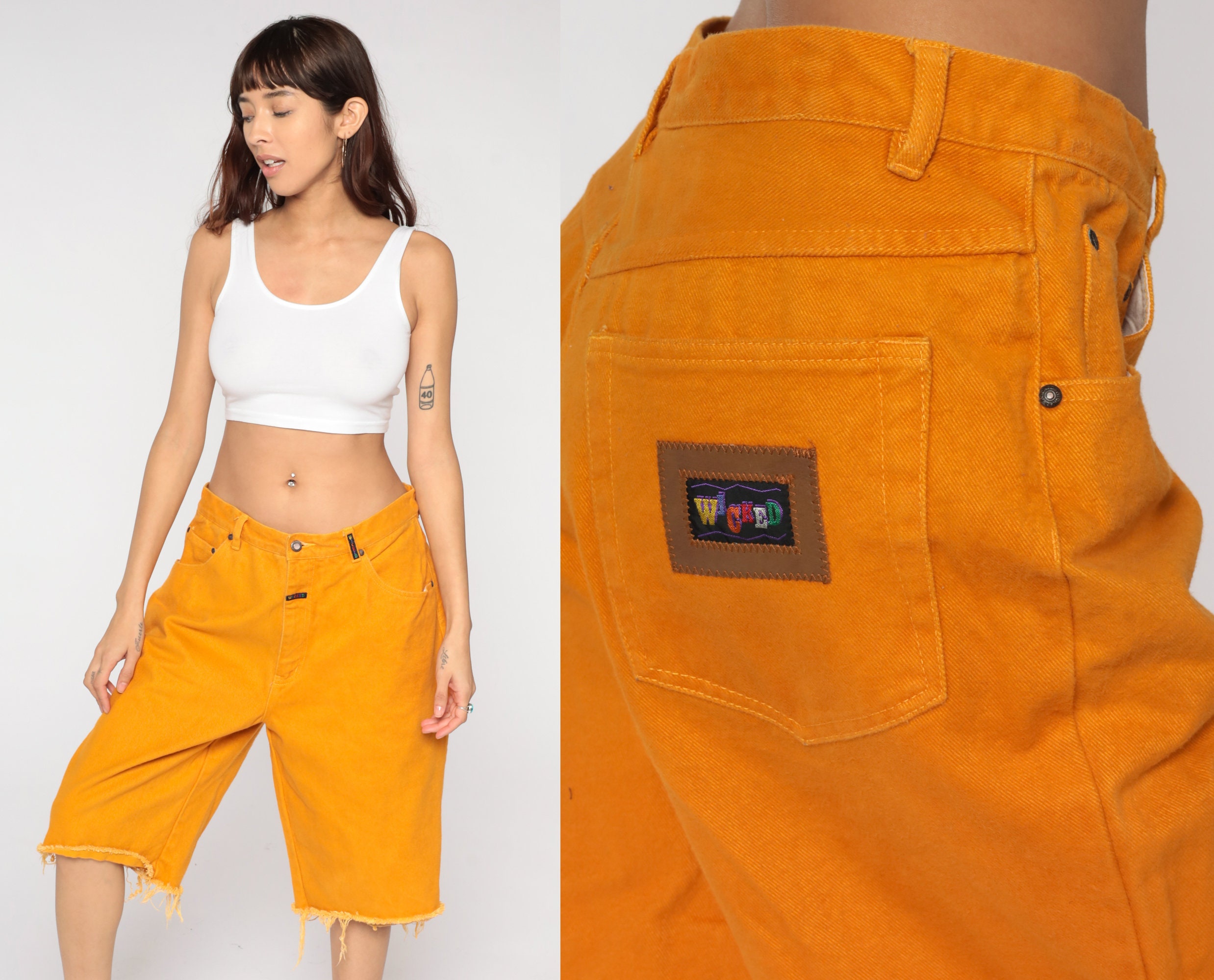 Orange Denim Shorts 90s Wicked High Waisted Shorts Grunge Raw Edge Jean